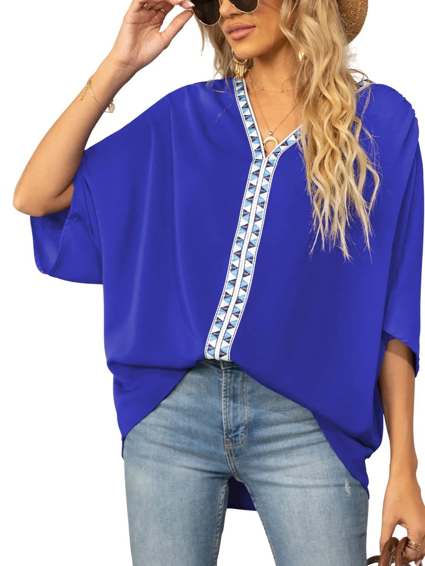 Printed Trim V-Neck Batwing Sleeve Blouse OutfitFlow