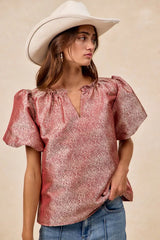 BiBi Jacquard Woven Short Balloon Sleeves V Neck Top OutfitFlow
