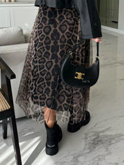 Leopard Print Tulle Midi Skirt Trendsi