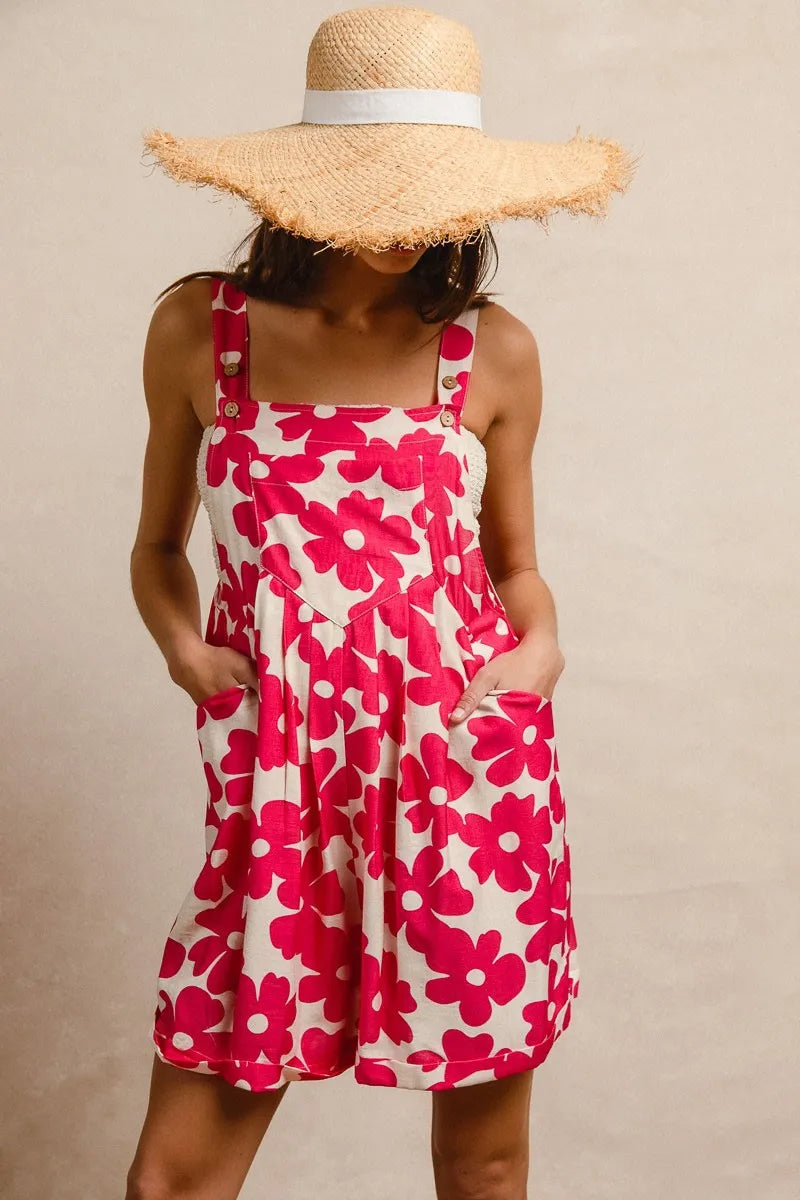 BiBi Floral Prints Tuck Detail Short Overall With Pockets OutfitFlow