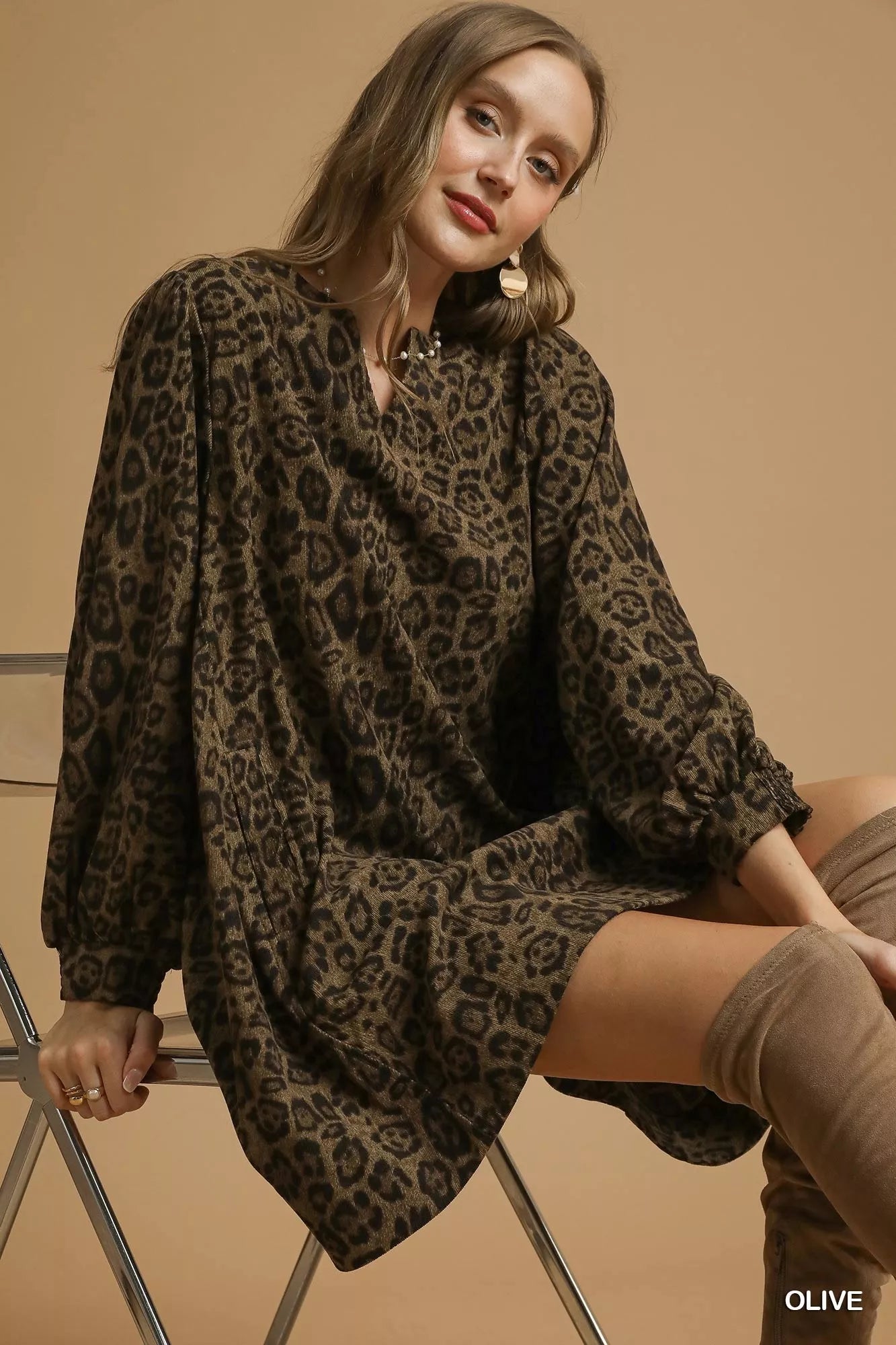 Umgee Leopard Print Long Sleeve Swing Dress OutfitFlow