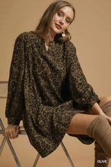 Umgee Leopard Print Long Sleeve Swing Dress OutfitFlow