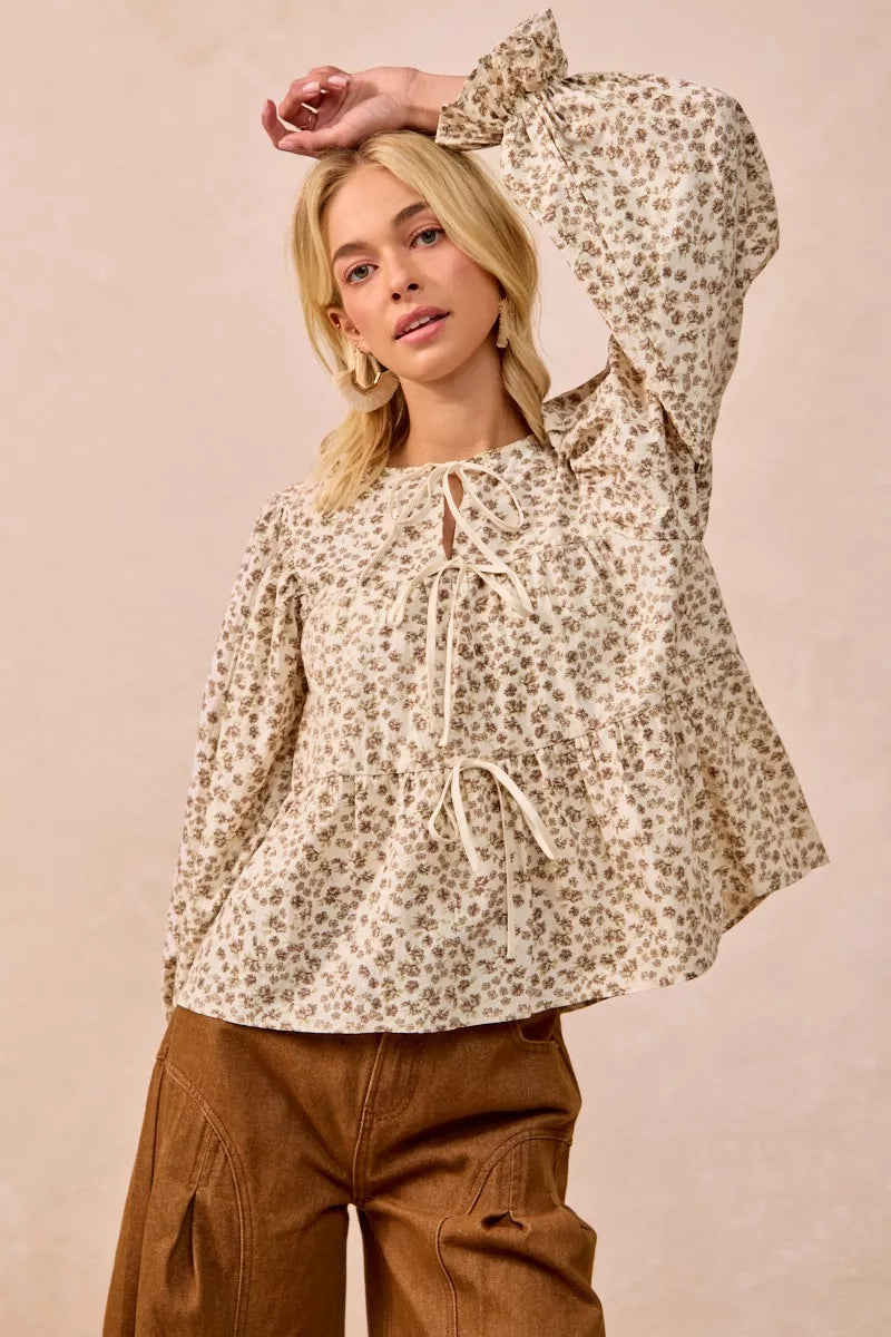 BiBi Floral Printed Peplum Blouse with Shirring and Tied OutfitFlow