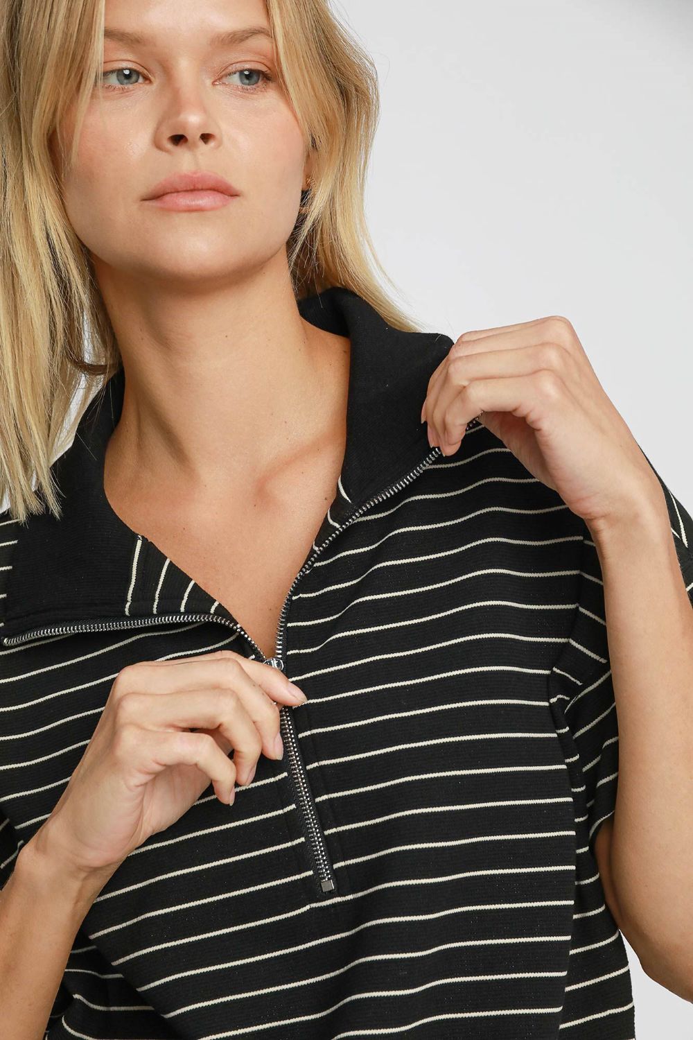 Outfit Flow - Umgee Striped Half Zip Short Sleeve Sweatshirt