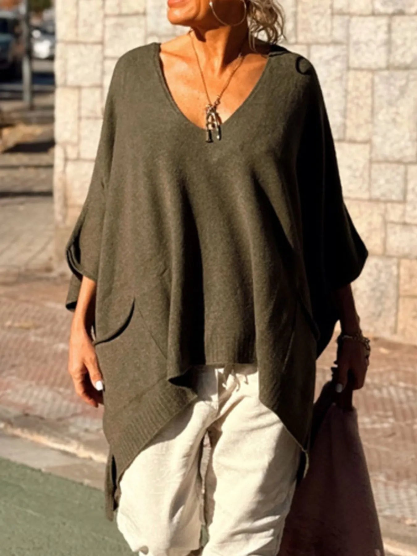 Ribbed Hem V-Neck Sweater Army Green OutfitFlow