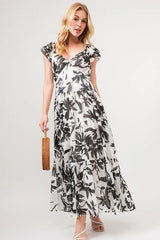 And The Why Ruffled Sleeve Tiered Floral Print Maxi Dress BLACK CREAM OutfitFlow