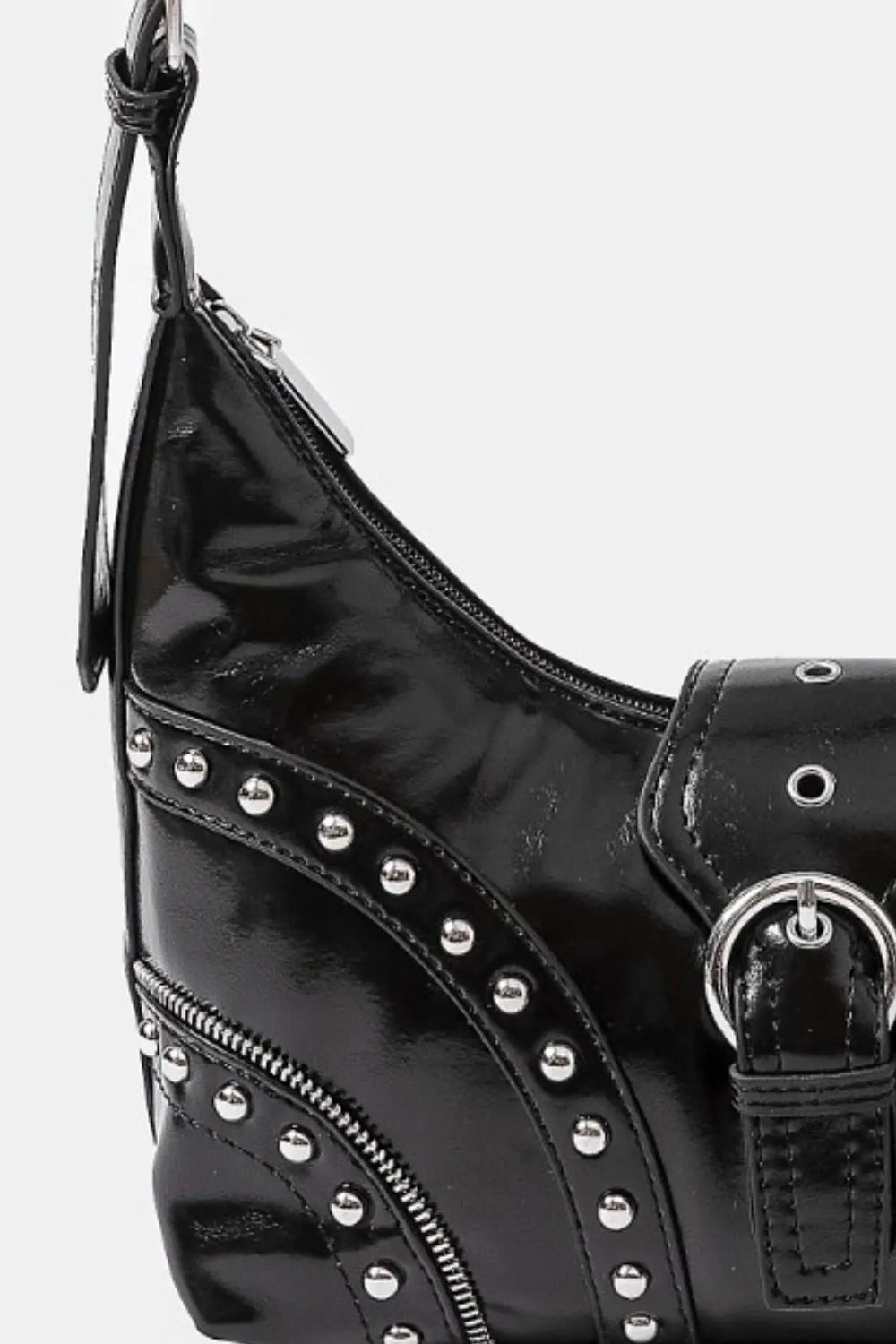 Fame Faux Leather Studded Trim Shoulder Bag OutfitFlow