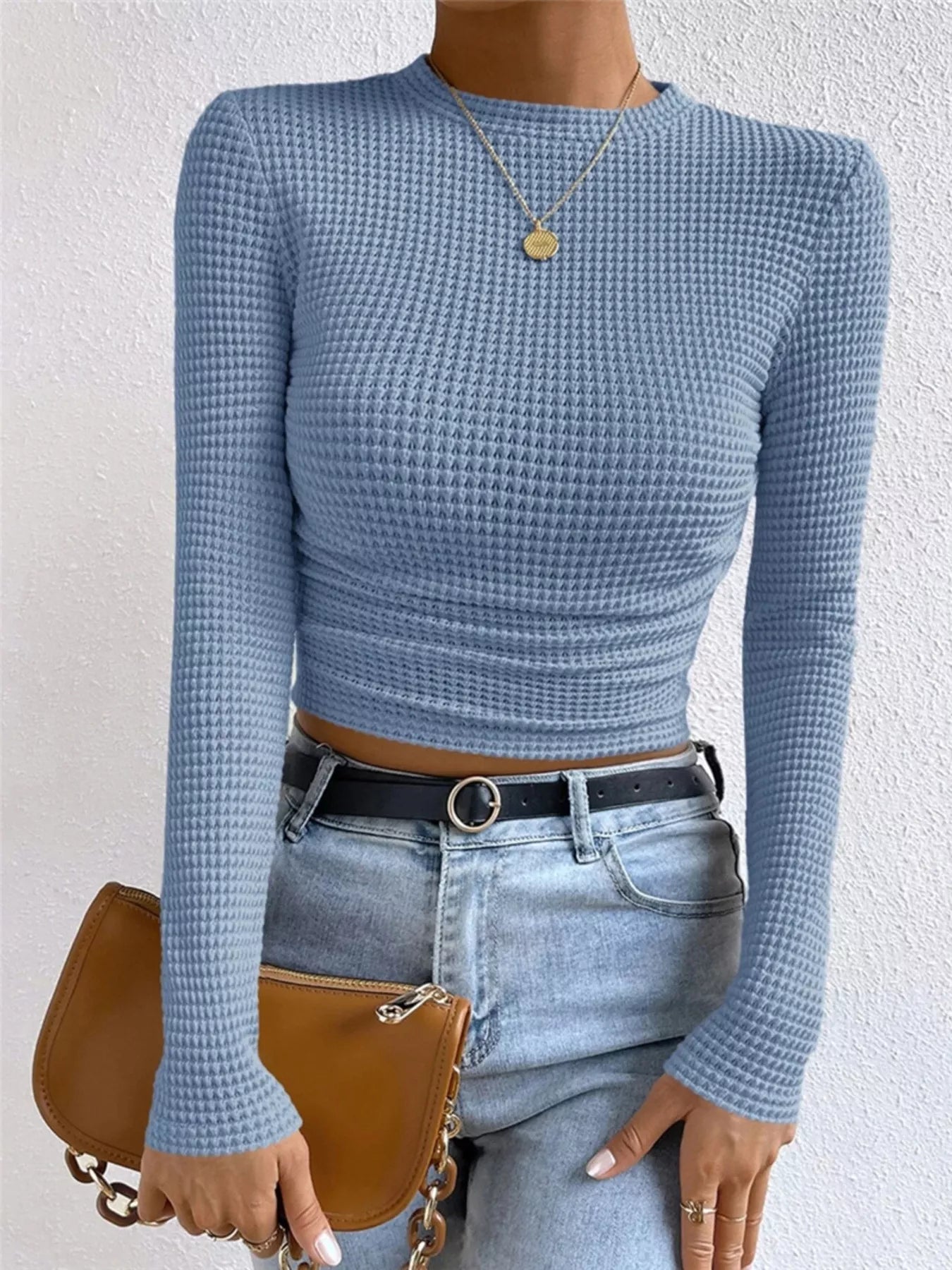 Waffle Knit Long Sleeve T-Shirt Light Blue OutfitFlow