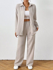 Button Up Long Sleeve Shirt and Pants Set Off-white OutfitFlow