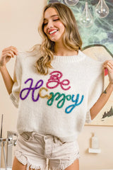 BiBi Metallic Letter Short Puff Sleeve Hairy Sweater OutfitFlow