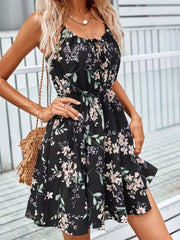 Floral Print Spaghetti Strap Summer Mini Dress Black OutfitFlow