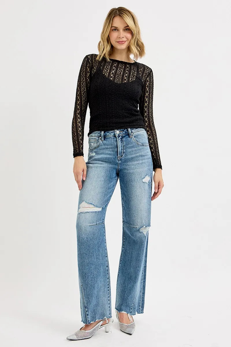 RISEN Full Size Mid Rise Fit Wide Baggy Leg Tie Washed Jeans Plus Size OutfitFlow