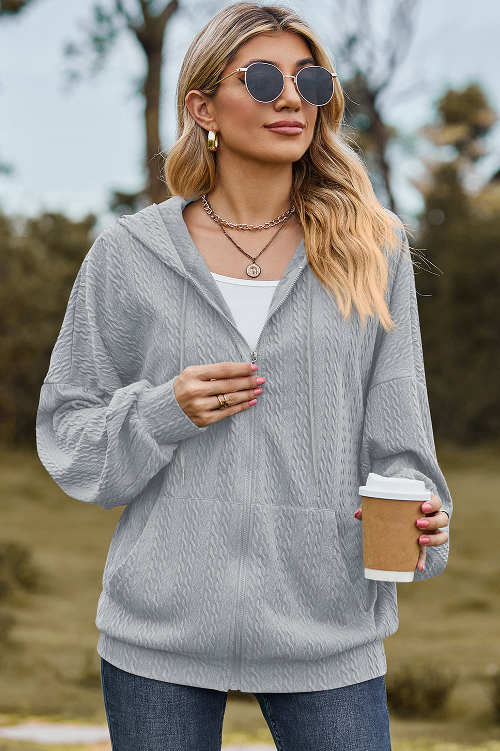 Outfit Flow - Drawstring Zip Up Dropped Shoulder Hoodie