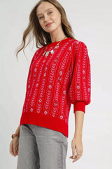 Umgee Jacquard Knit Puff Sleeve Sweater OutfitFlow
