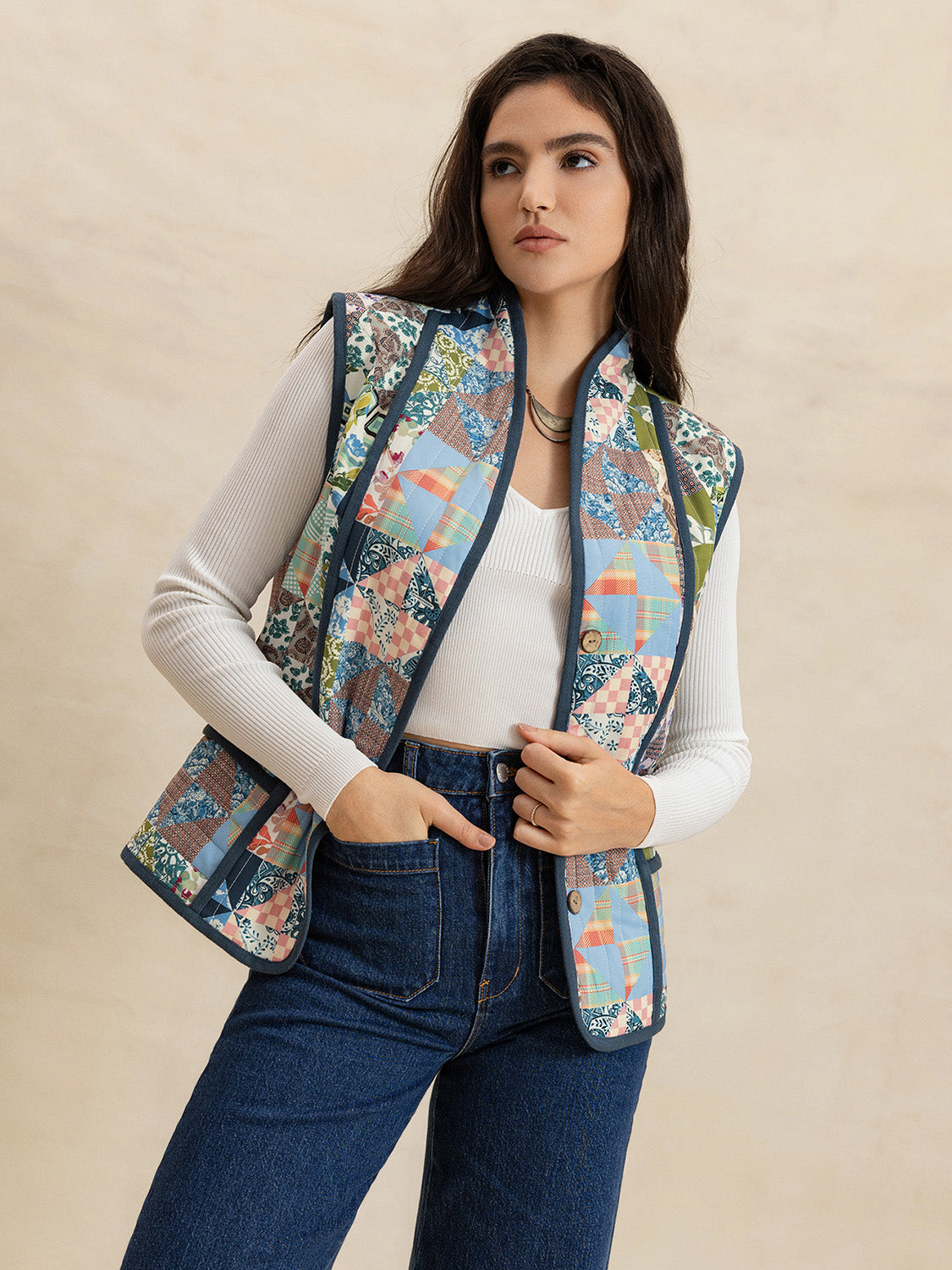 Printed Patchwork Contrast Piping Vest