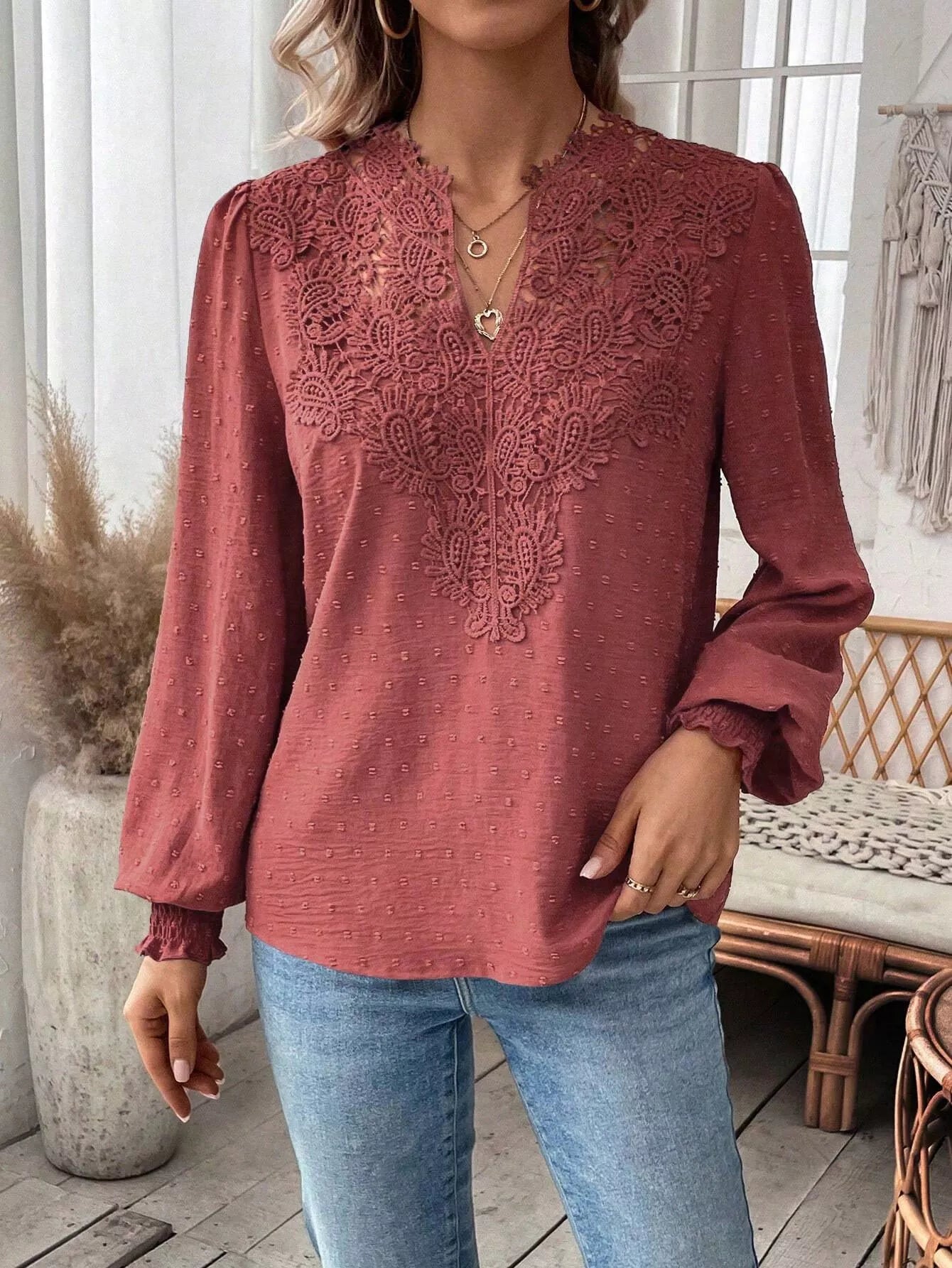 Swiss Dot Lace Detail Long Sleeve Blouse OutfitFlow