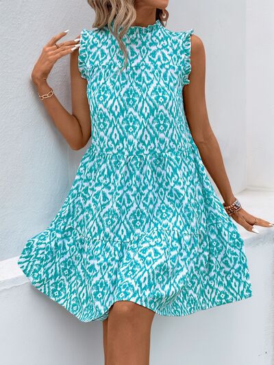 Perfee Printed Frill Sleeveless Mini Dress OutfitFlow