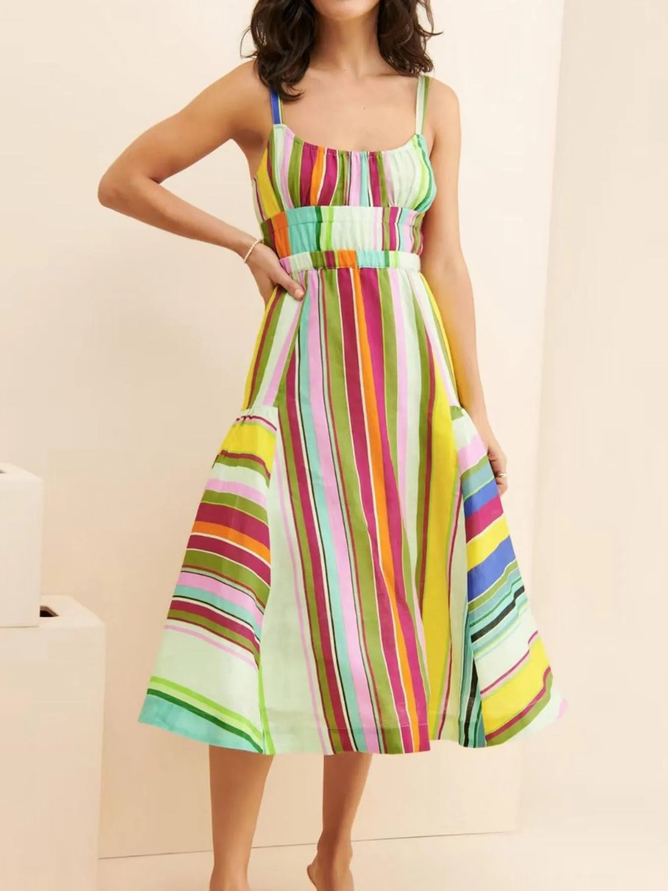 Colorful Striped Spaghetti Strap Midi Dress Yellow OutfitFlow