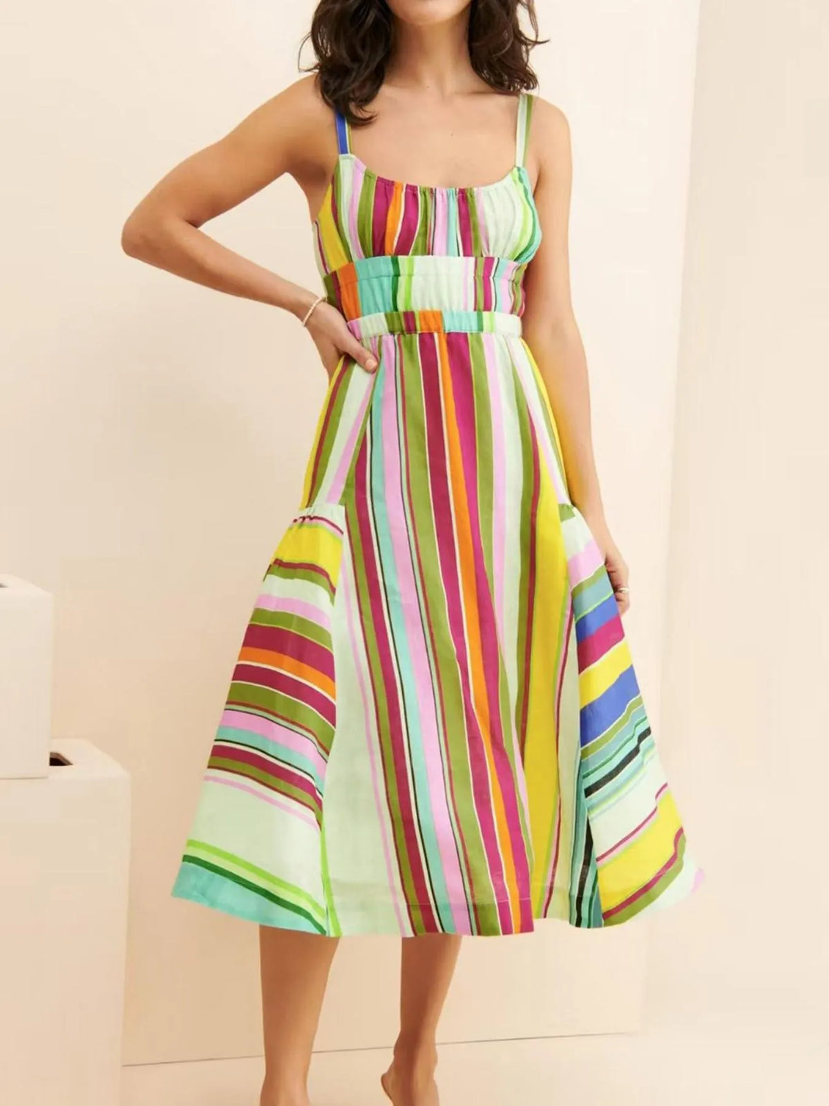Colorful Striped Spaghetti Strap Midi Dress Yellow OutfitFlow
