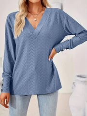 Plus Size V-Neck Textured Long Sleeve T-Shirt OutfitFlow