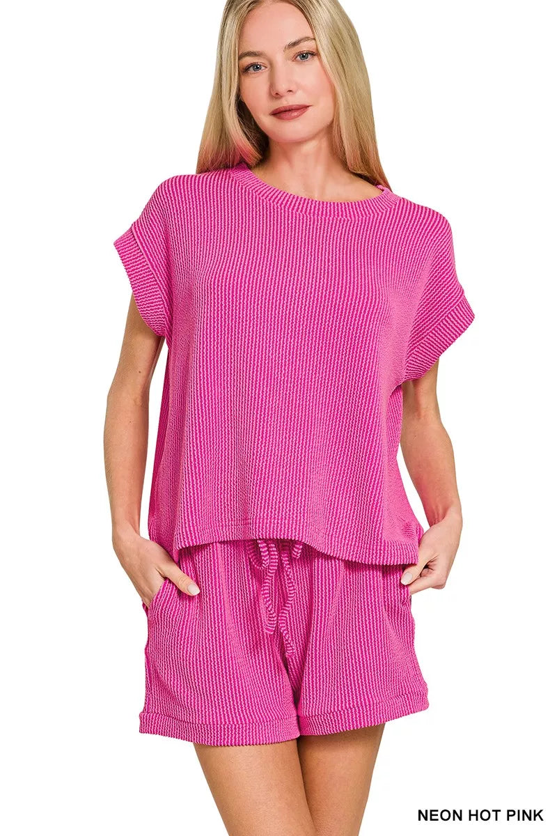 Zenana Raised Rib Cap Sleeve Top & Shorts Set NEON HOT PINK OutfitFlow