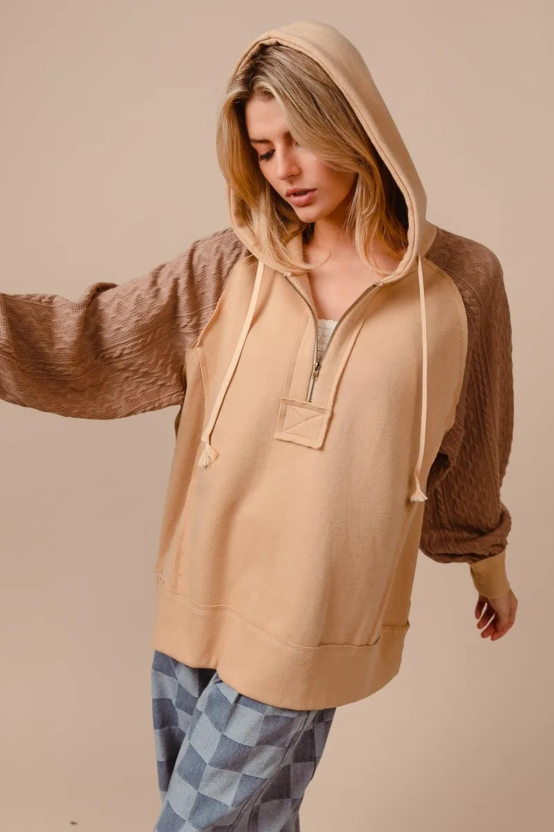 BiBi Half Zip French Terry Hoodie with Kint Sleeves OutfitFlow