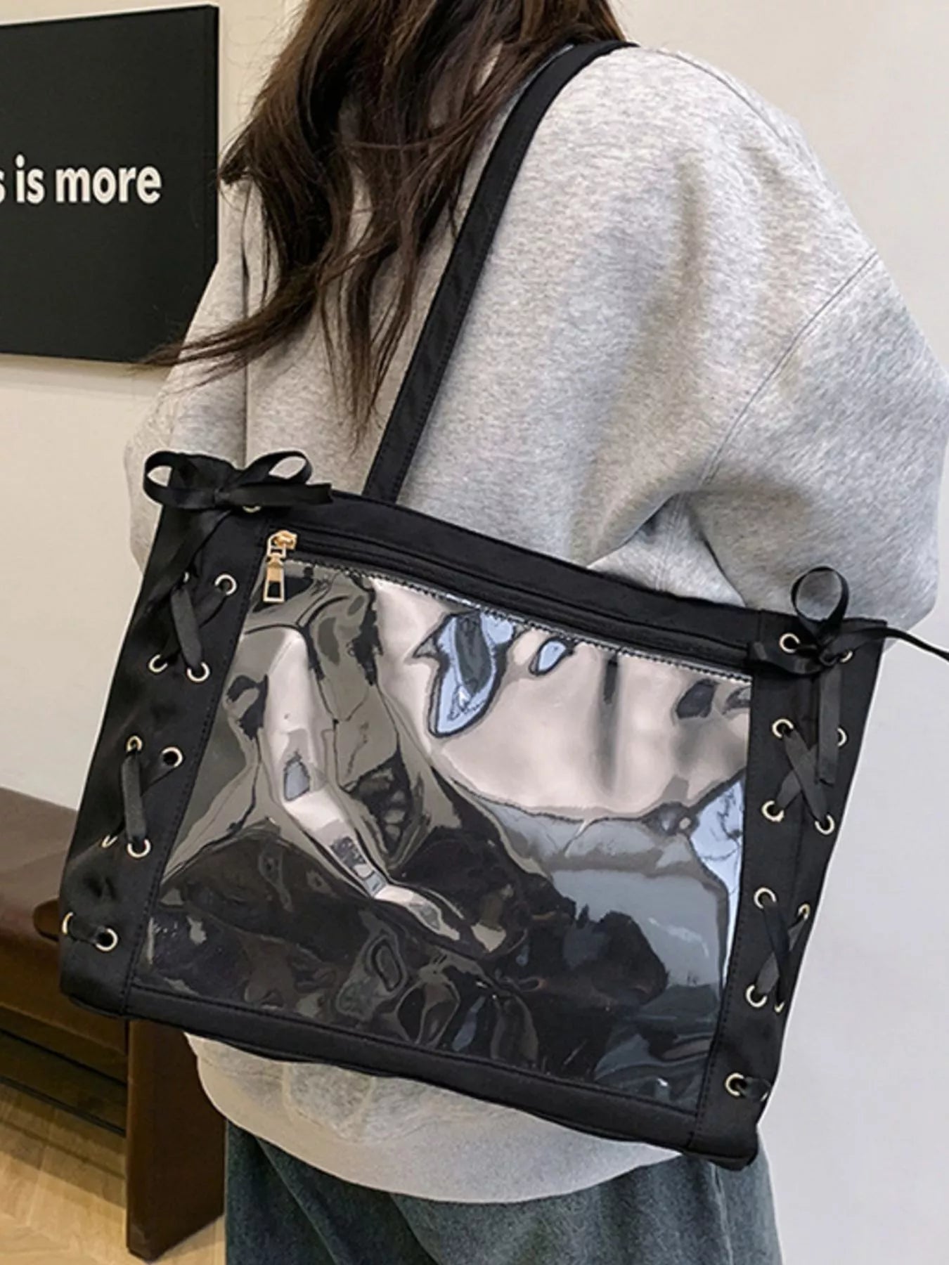 Lace-Up Trim Clear Panel Shoulder Bag OutfitFlow