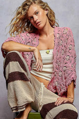 POL Openwork V-Neck Chenille Cardigan with Contrast Floral OutfitFlow