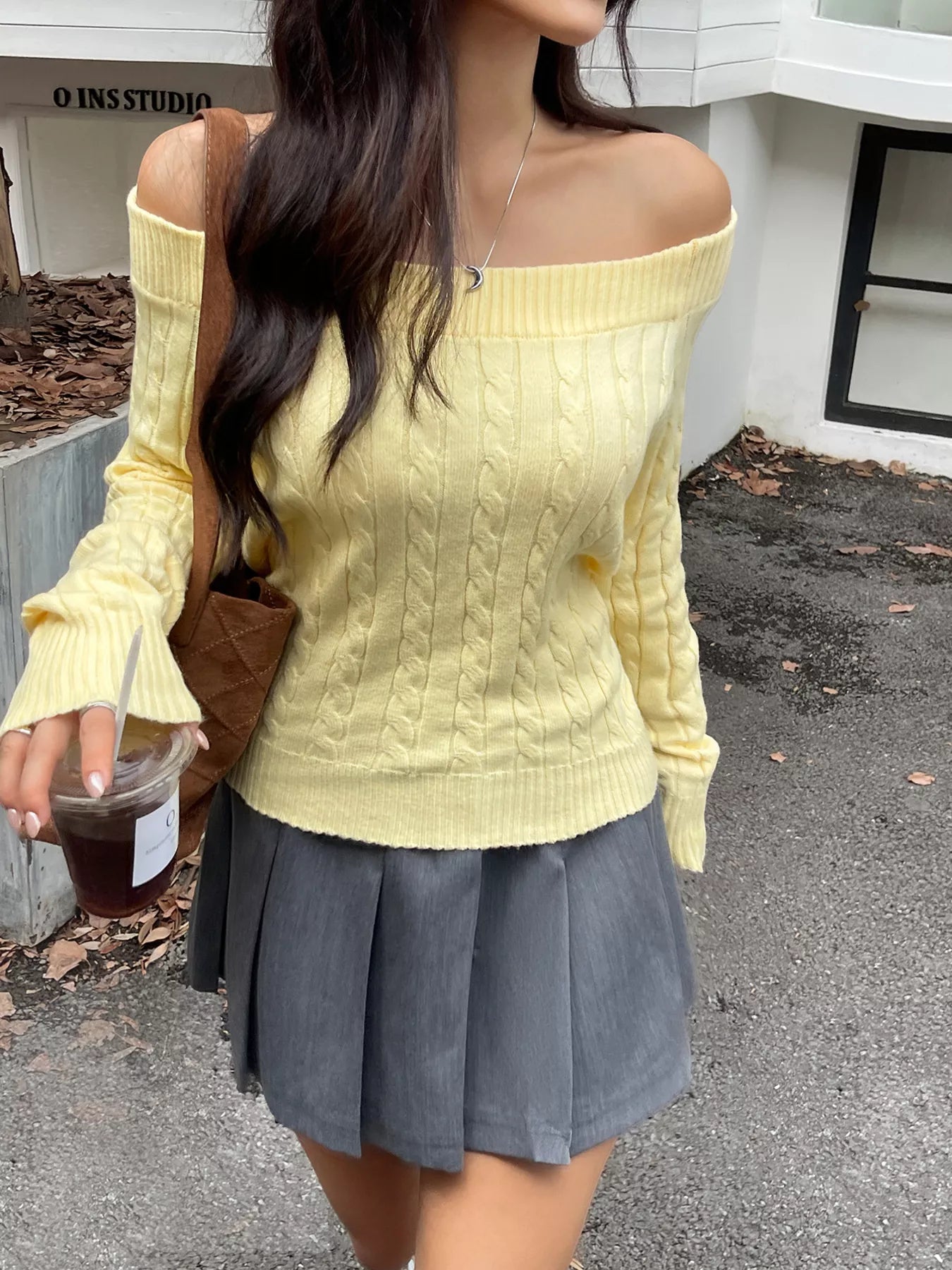 Off-Shoulder Cable Knit Sweater OutfitFlow