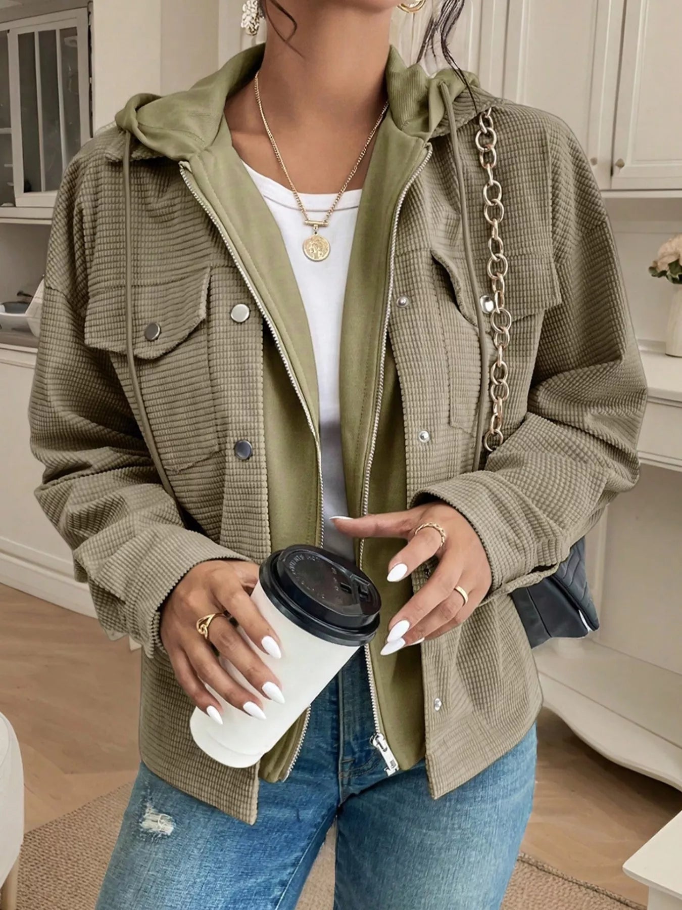 Thermal Knit Textured Hooded Jacket Sage OutfitFlow