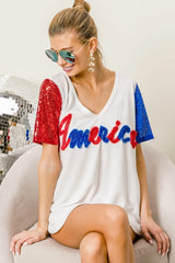 BiBi Metallic Letter V-neck Sequin Sleeves Top OutfitFlow