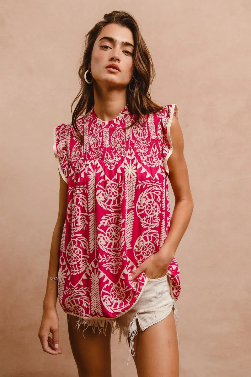 BiBi Printed Ruffle Sleeve Top OutfitFlow