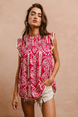 BiBi Printed Ruffle Sleeve Top OutfitFlow