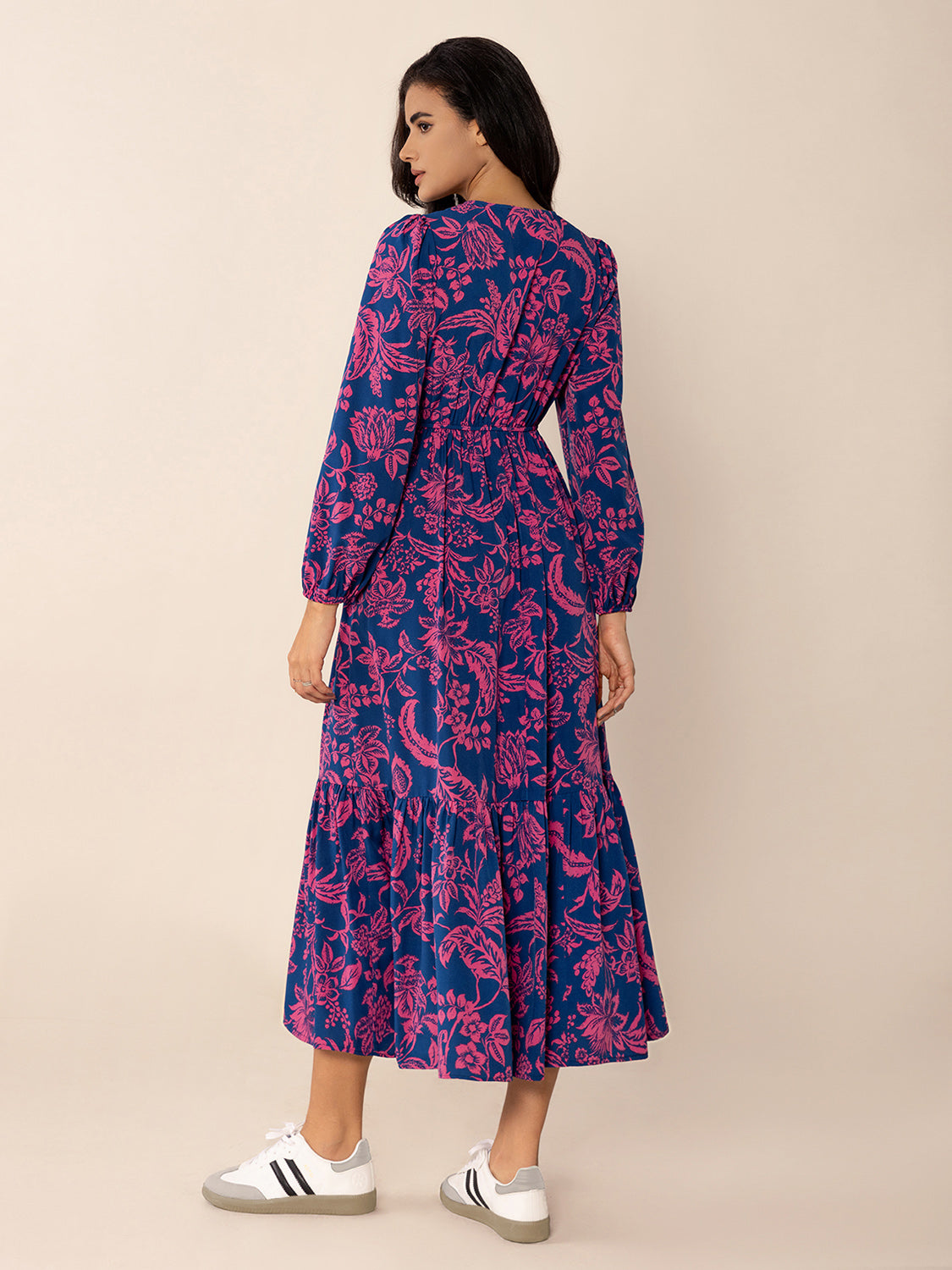 Printed V-Neck Long Sleeve Midi Dress