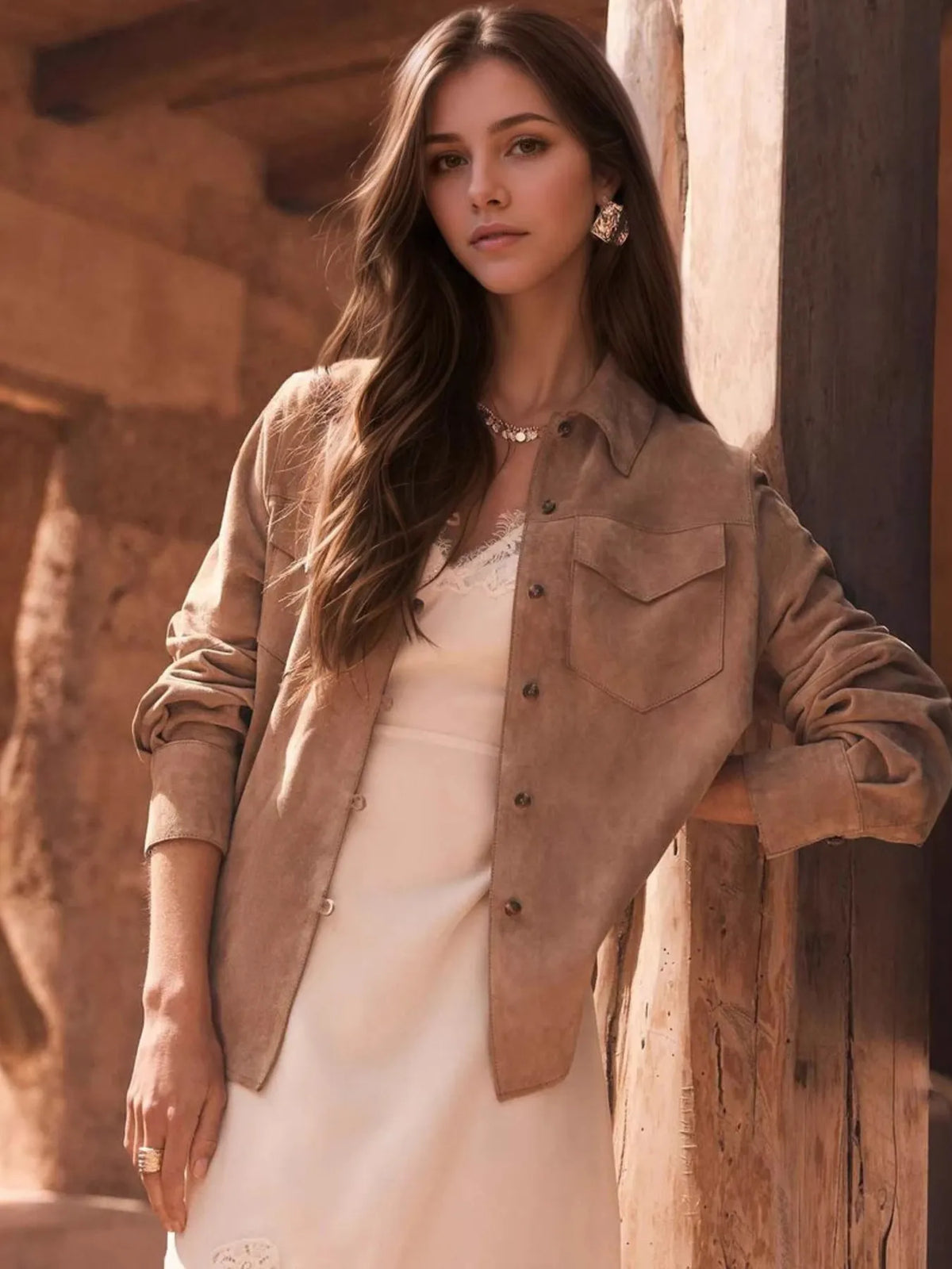 Button Front Long Sleeve Jacket Light Brown OutfitFlow