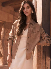 Button Front Long Sleeve Jacket Light Brown OutfitFlow