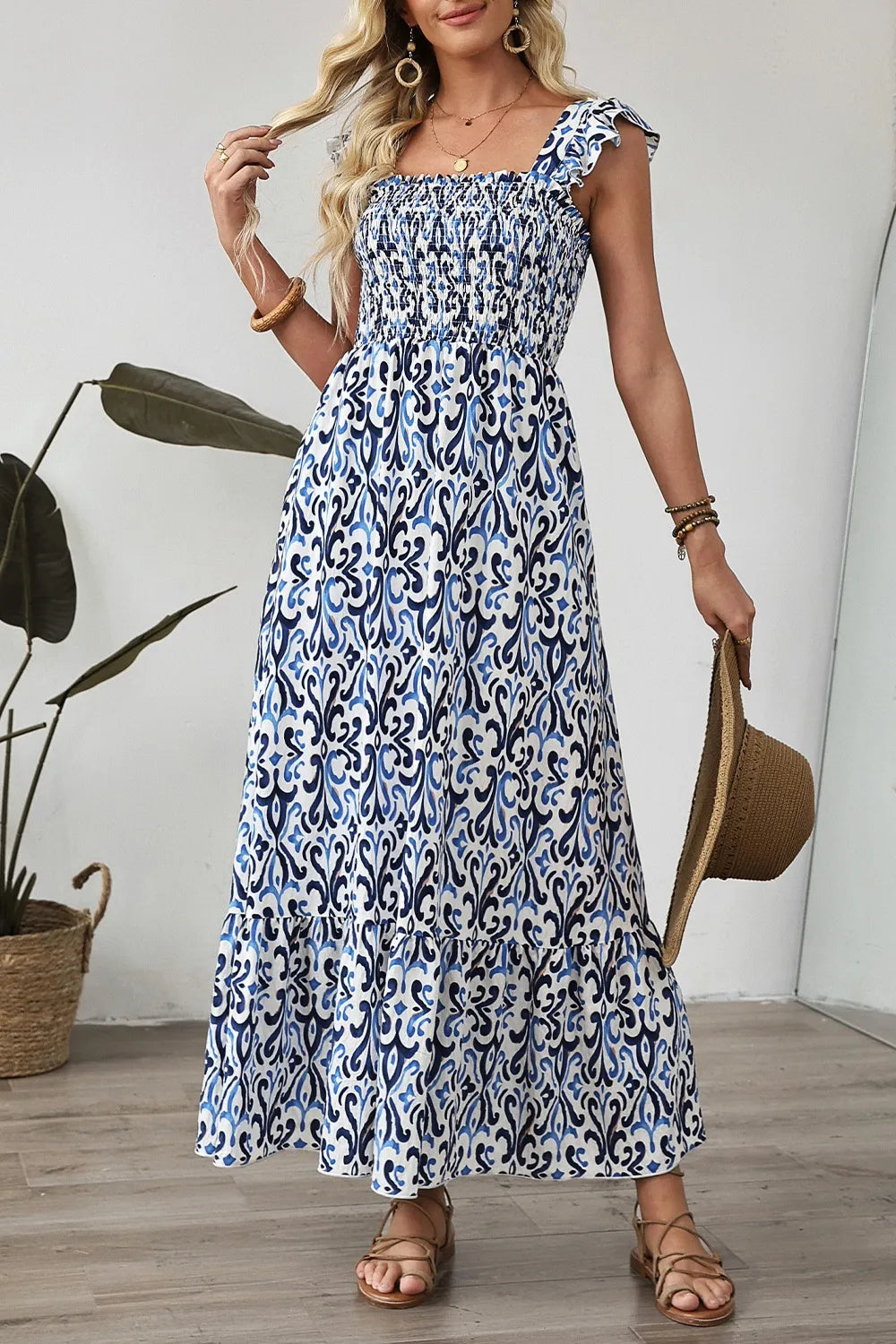 Smocked Printed Square Neck Dress Dusty Blue OutfitFlow