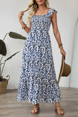 Smocked Printed Square Neck Dress Dusty Blue OutfitFlow
