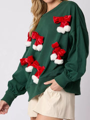 Christmas Long Sleeve Sweatshirt with Pom-Pom Bow Decoration OutfitFlow