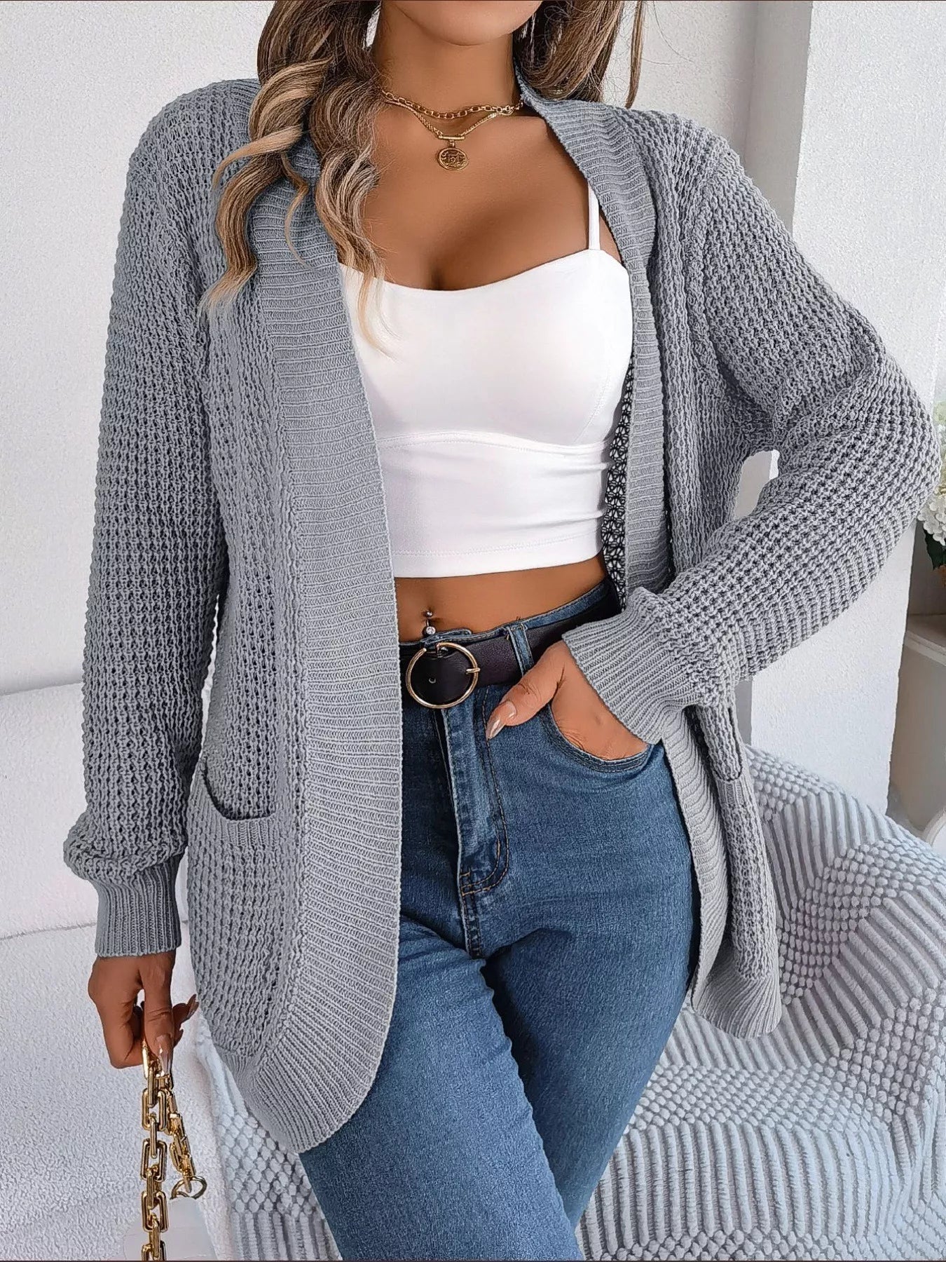 Chunky Knit Open Front Cardigan with Pockets Gray OutfitFlow
