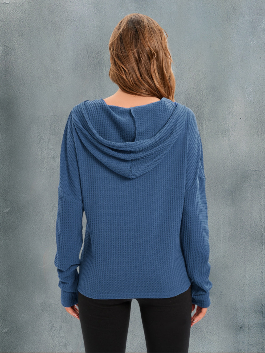 Outfit Flow - Waffle-Knit Drawstring Drop Shoulder Hoodie