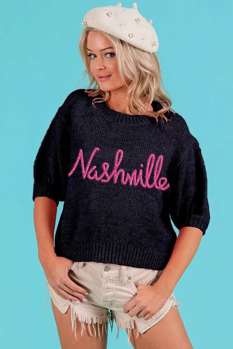 BiBi Metallic Letter Short Puff Sleeve Hairy Sweater OutfitFlow