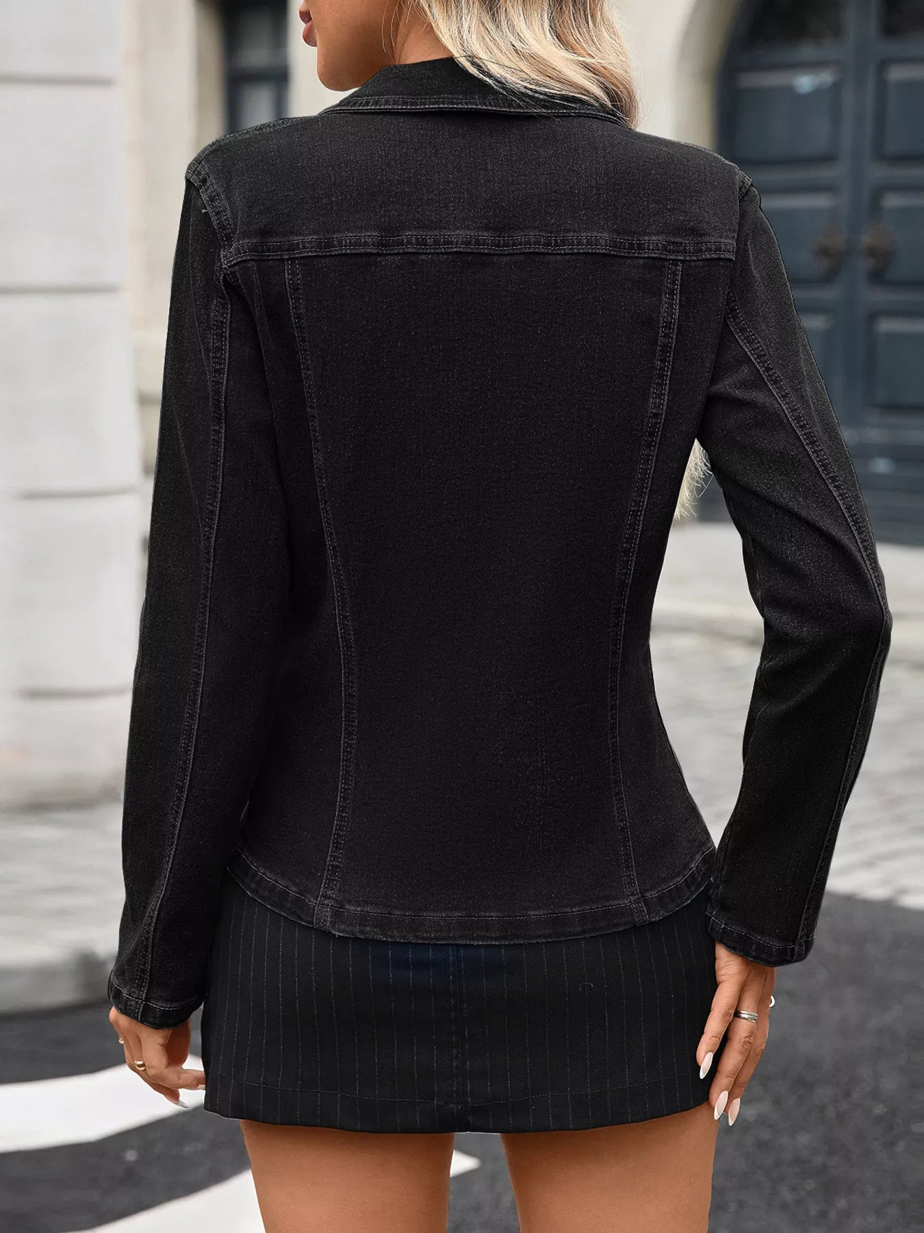 Button Up Long Sleeve Denim Jacket OutfitFlow