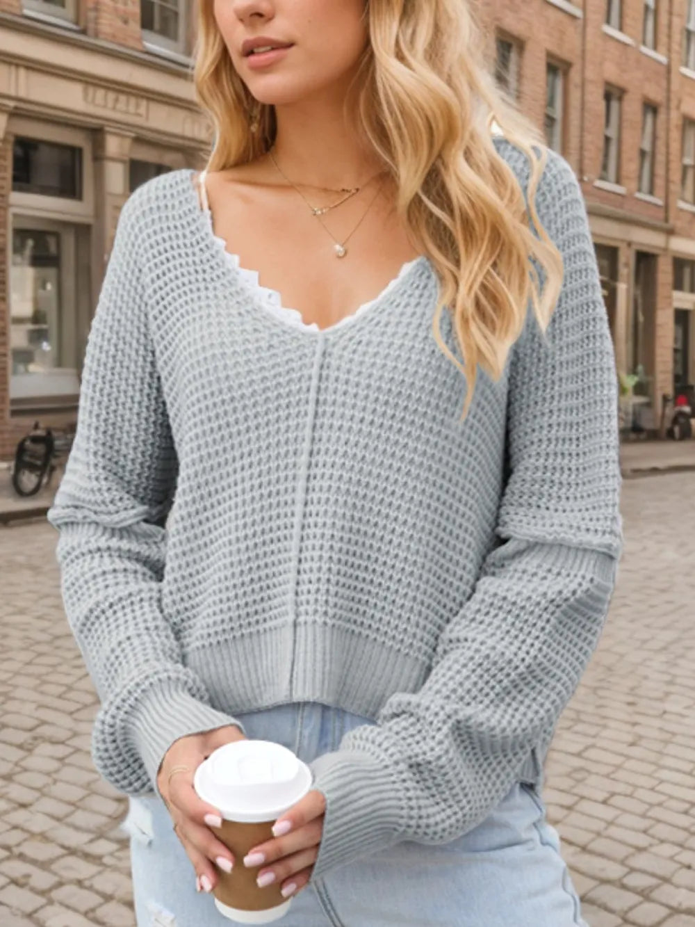 V-Neck Long Sleeve Sweater OutfitFlow