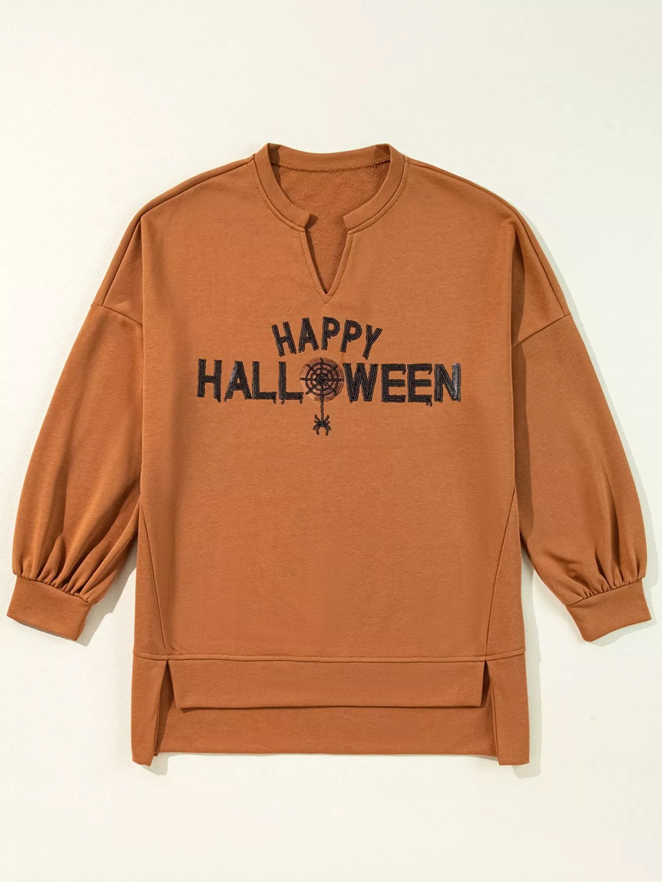 Happy Halloween Graphic Notched Long Sleeve Loose Top OutfitFlow