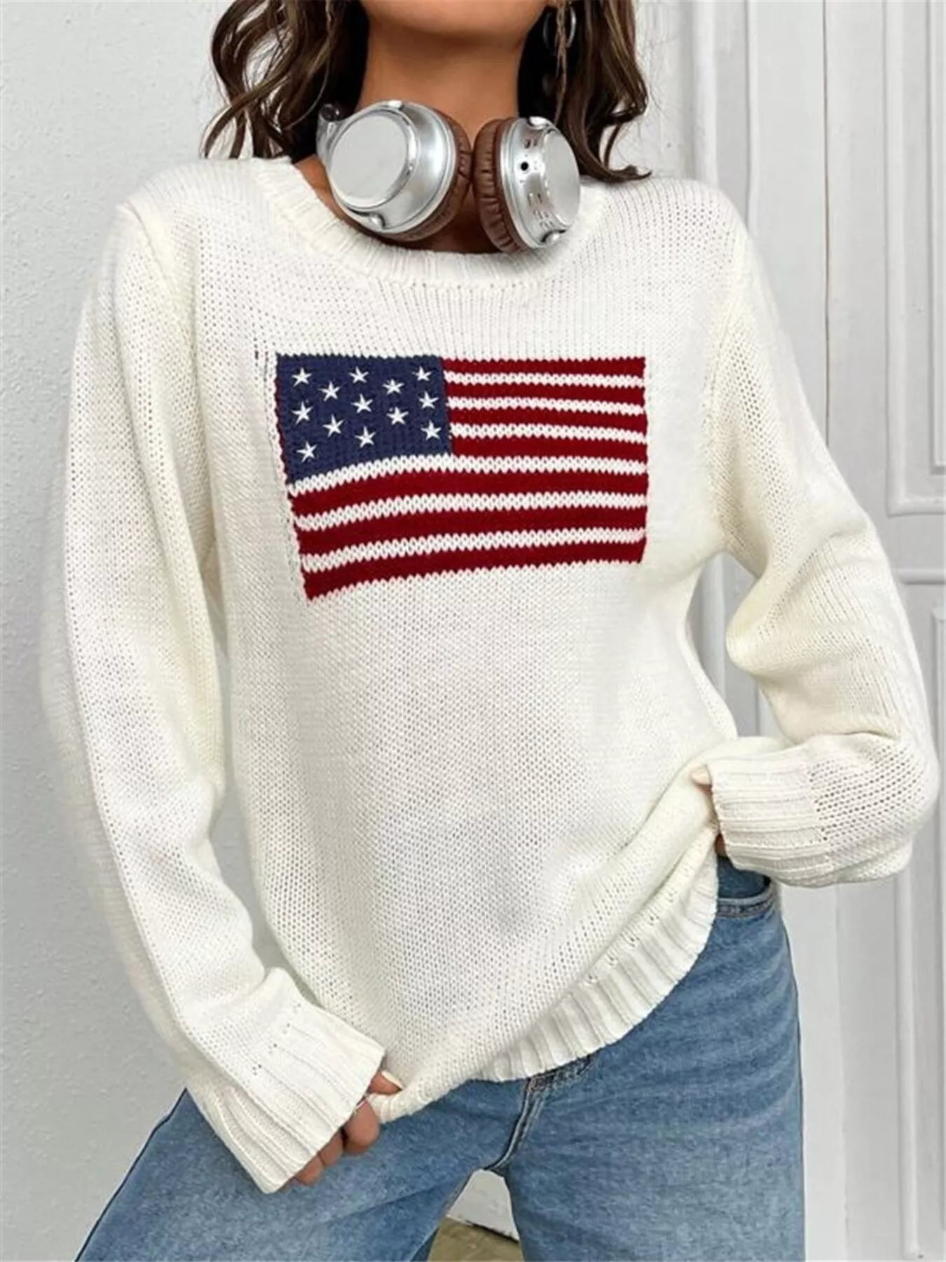 US Flag Round Neck Long Sleeve Sweater OutfitFlow