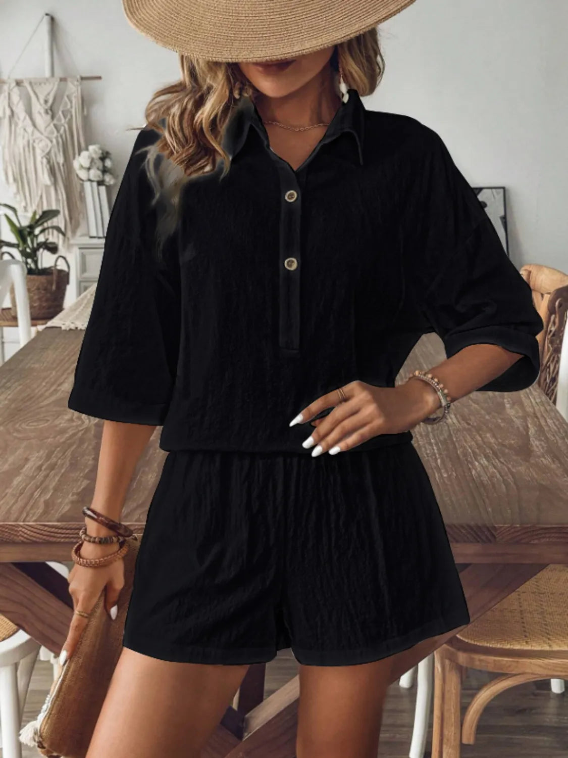 Collared Neck Half Sleeve Top and Shorts Set OutfitFlow