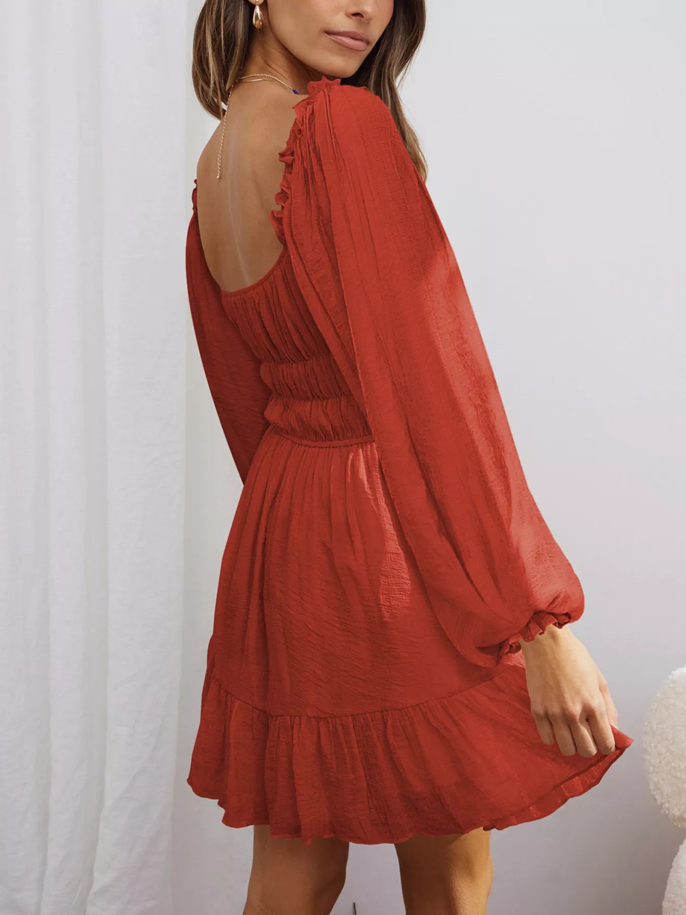 Ruffled Hem Balloon Sleeve Dress OutfitFlow
