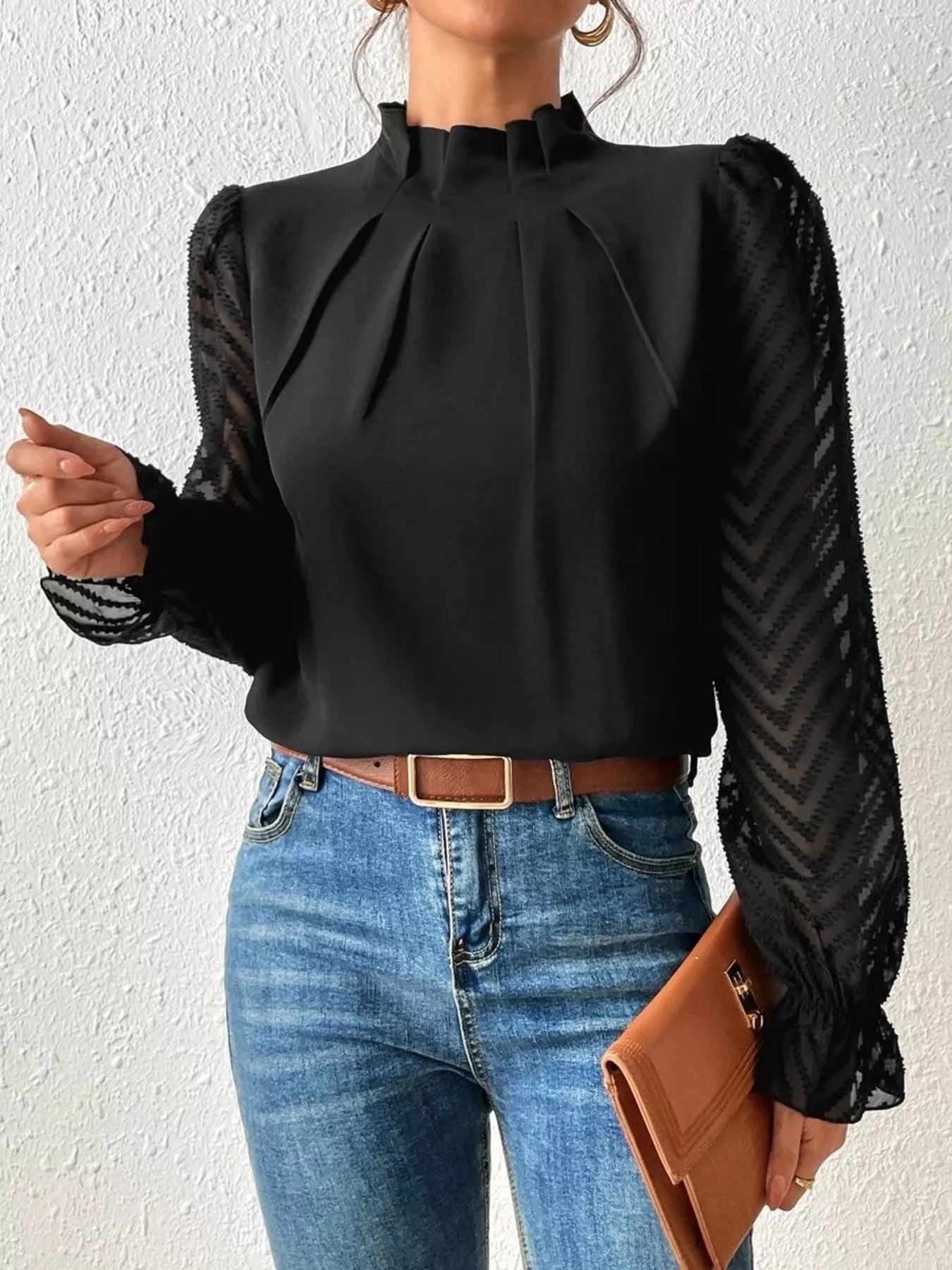 Mock Neck Sheer Lace Sleeve Blouse OutfitFlow