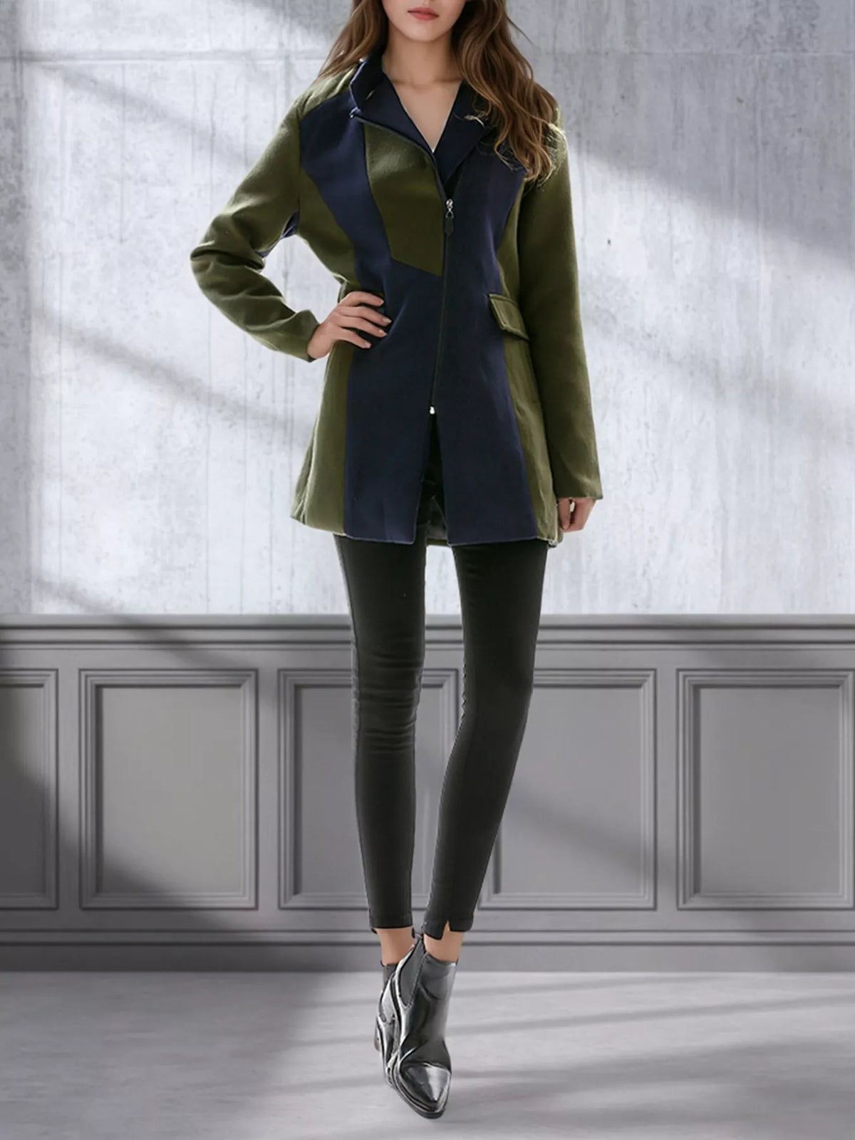 Color Block Zip Up Outerwear Army Green OutfitFlow